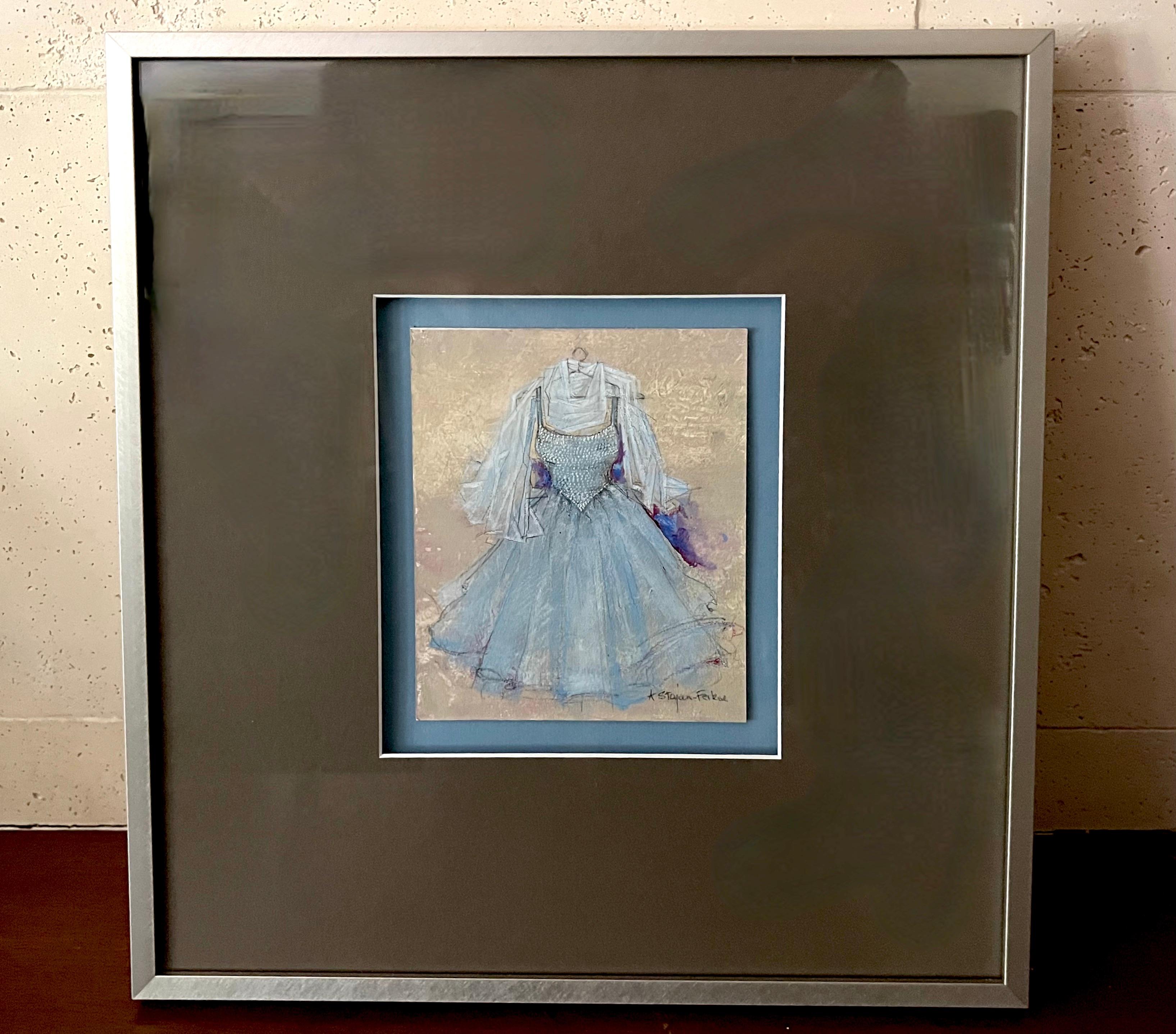 An air of femininity is expressed in this chiffon style dress painting on art board, a nostalgic nod to the graduation, prom or bridesmaid dress. Delicate detail builds up a soft texture over translucent layers of pastel blue. The combination of