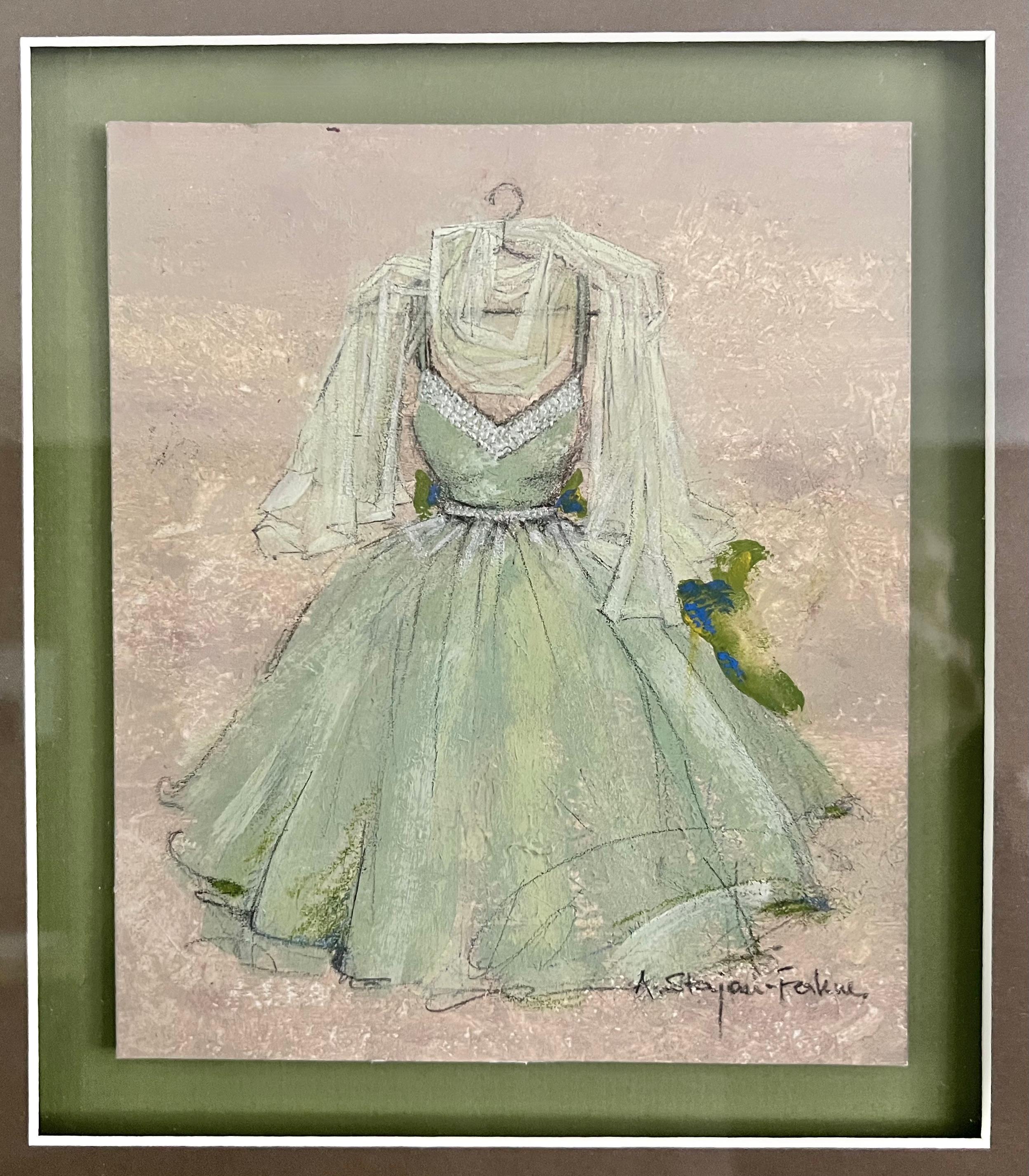 Andrea Stajan-Ferkul Still-Life Painting – Chiffon In Grün, 14"x16", gerahmtes Kleidgemälde, Nostalgia, Mohnblumen, Abschluss 