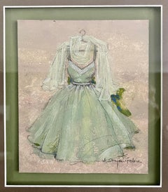 Used Chiffon In Green, 14"x16", Framed Dress Painting, Nostalgia, Prom, Graduation 