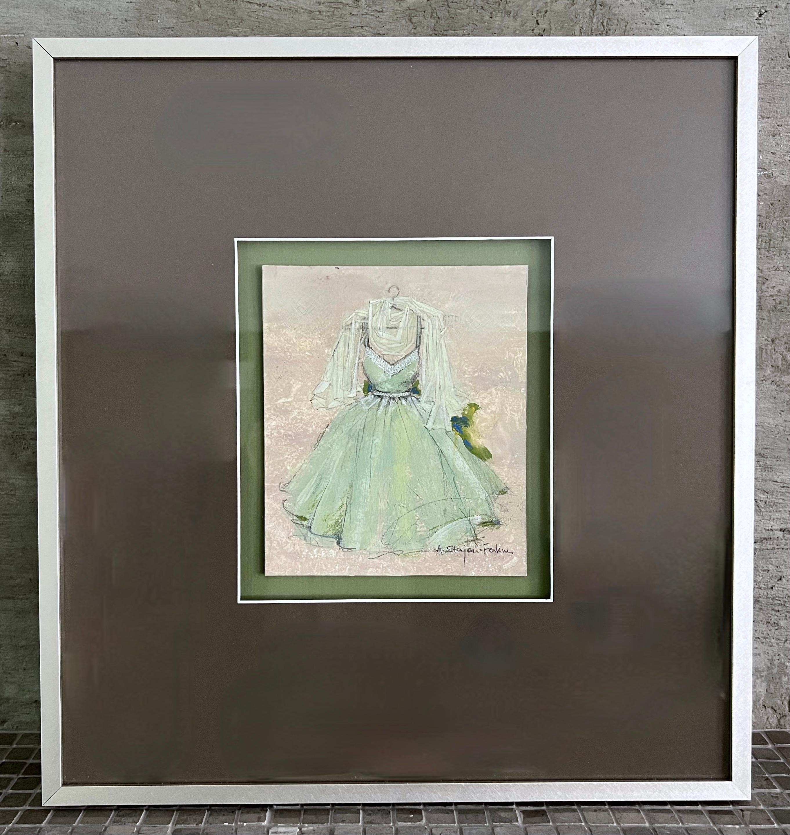An air of femininity is expressed in this chiffon style dress painting on art board, a nostalgic nod to the graduation, prom or bridesmaid dress. Delicate detail builds up a soft texture over translucent layers of pastel green. The combination of