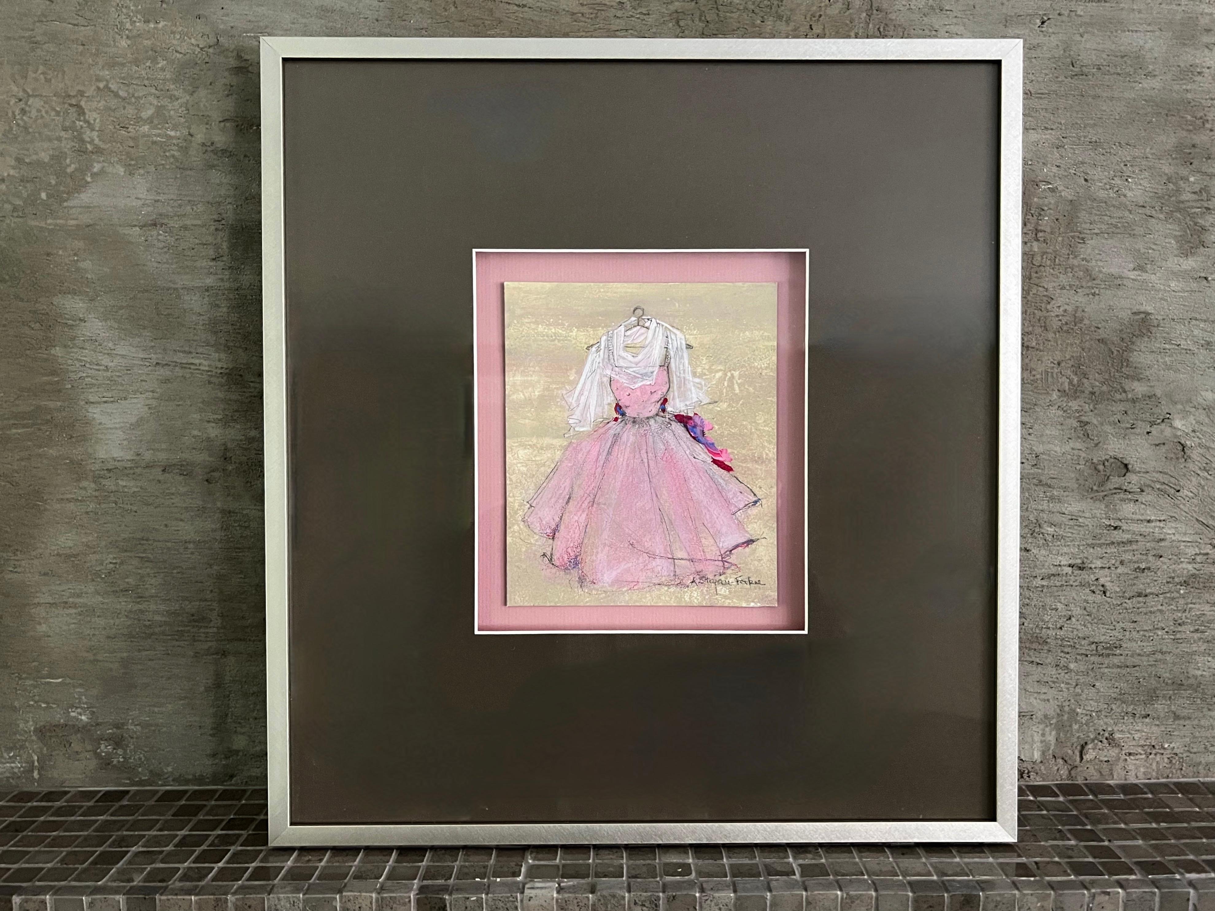 An air of femininity is expressed in this chiffon style dress painting on art board, a nostalgic nod to the graduation, prom or bridesmaid dress. Delicate detail builds up a soft texture over translucent layers of pastel pink. The combination of