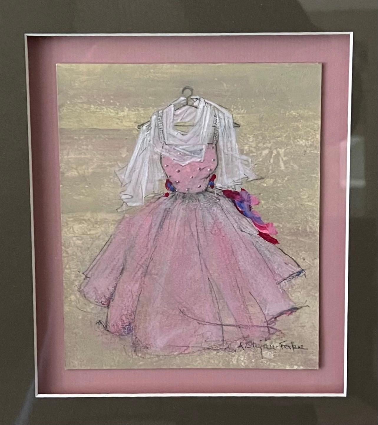 An air of femininity is expressed in this chiffon style dress painting on art board, a nostalgic nod to the graduation, prom or evening dress. Delicate detail builds up a soft texture over translucent layers of pastel pink. The combination of