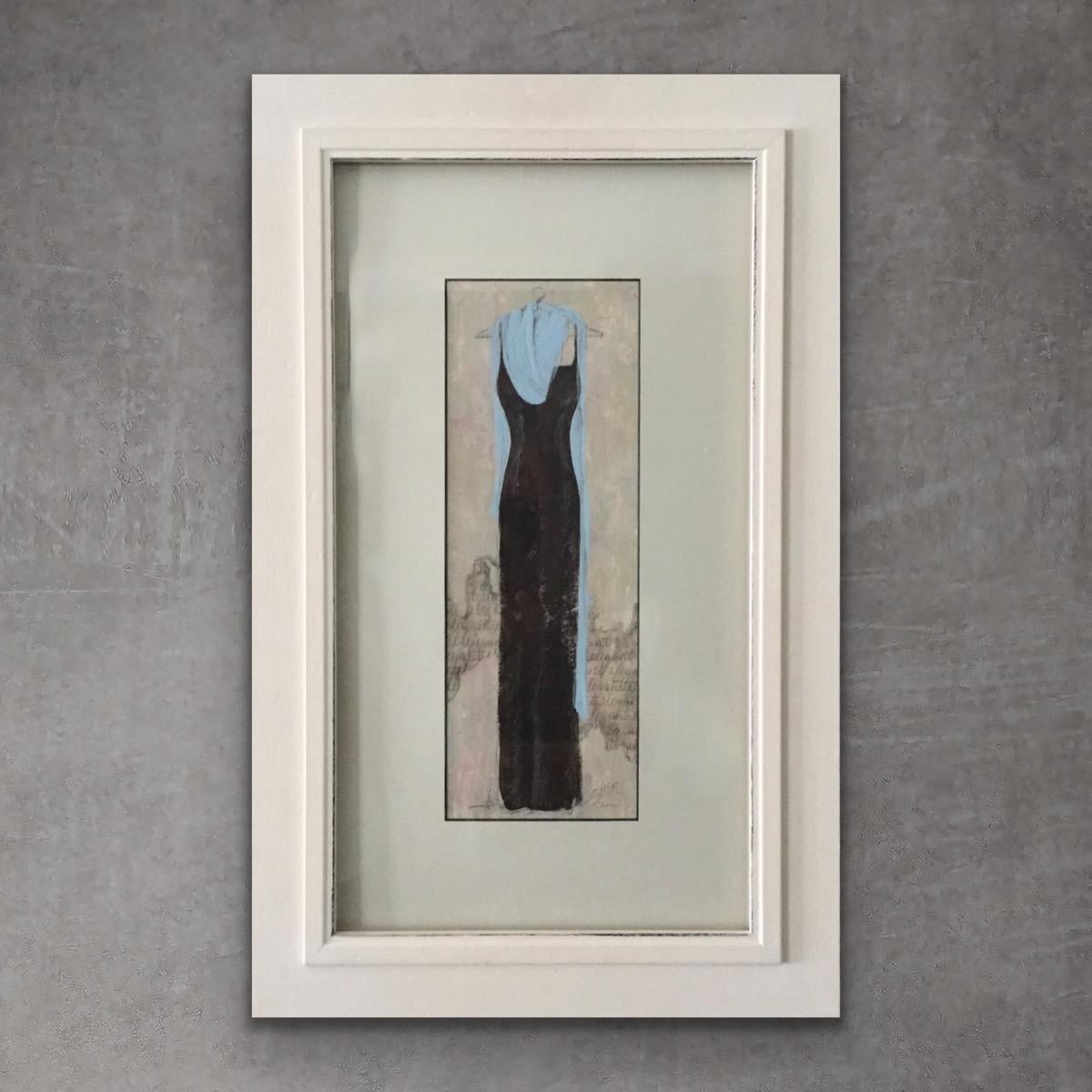 Andrea Stajan-Ferkul Figurative Painting - Classy Evening - (15"x 23", Dress Painting, Framed, Off White, Brown, Blue))