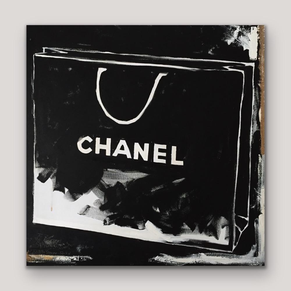 Coco - (36 Zoll x 36 Zoll), Schwarz-Weißes Chanel-Einkaufstasche-Gemälde, Modehaus