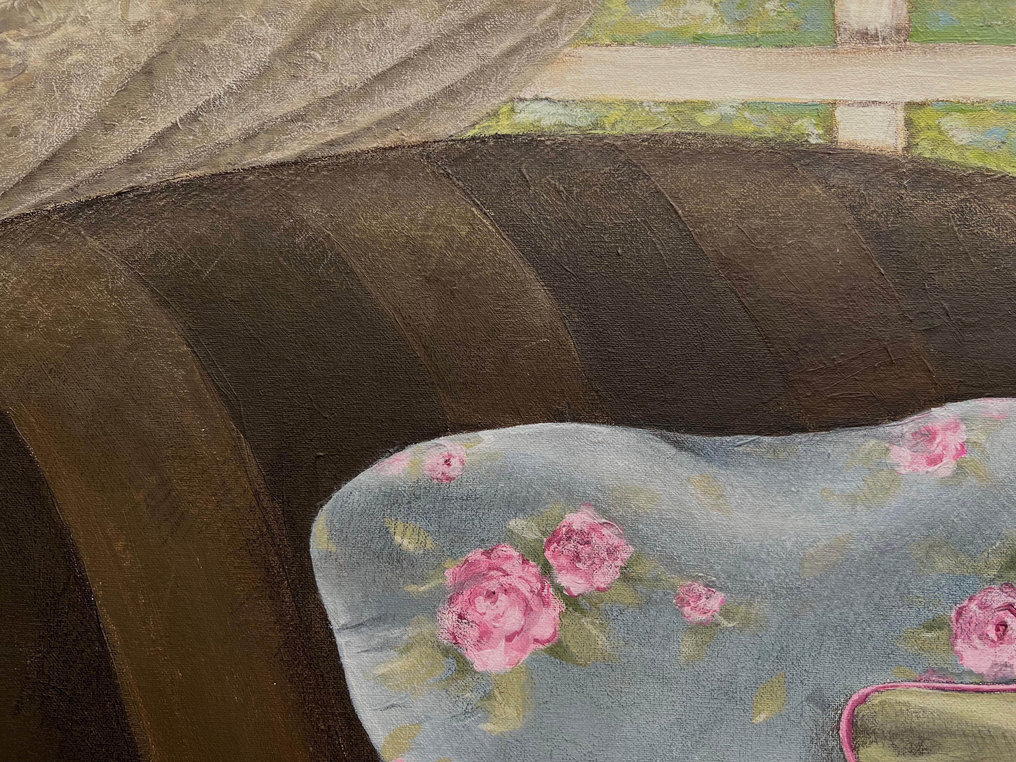 This interior still-life painting on canvas combines expressive brushwork with intricate details capturing a warm and inviting atmosphere. Through the use of acrylic, pencil and color pencil, the lifelike depiction of the blankets tempts one to