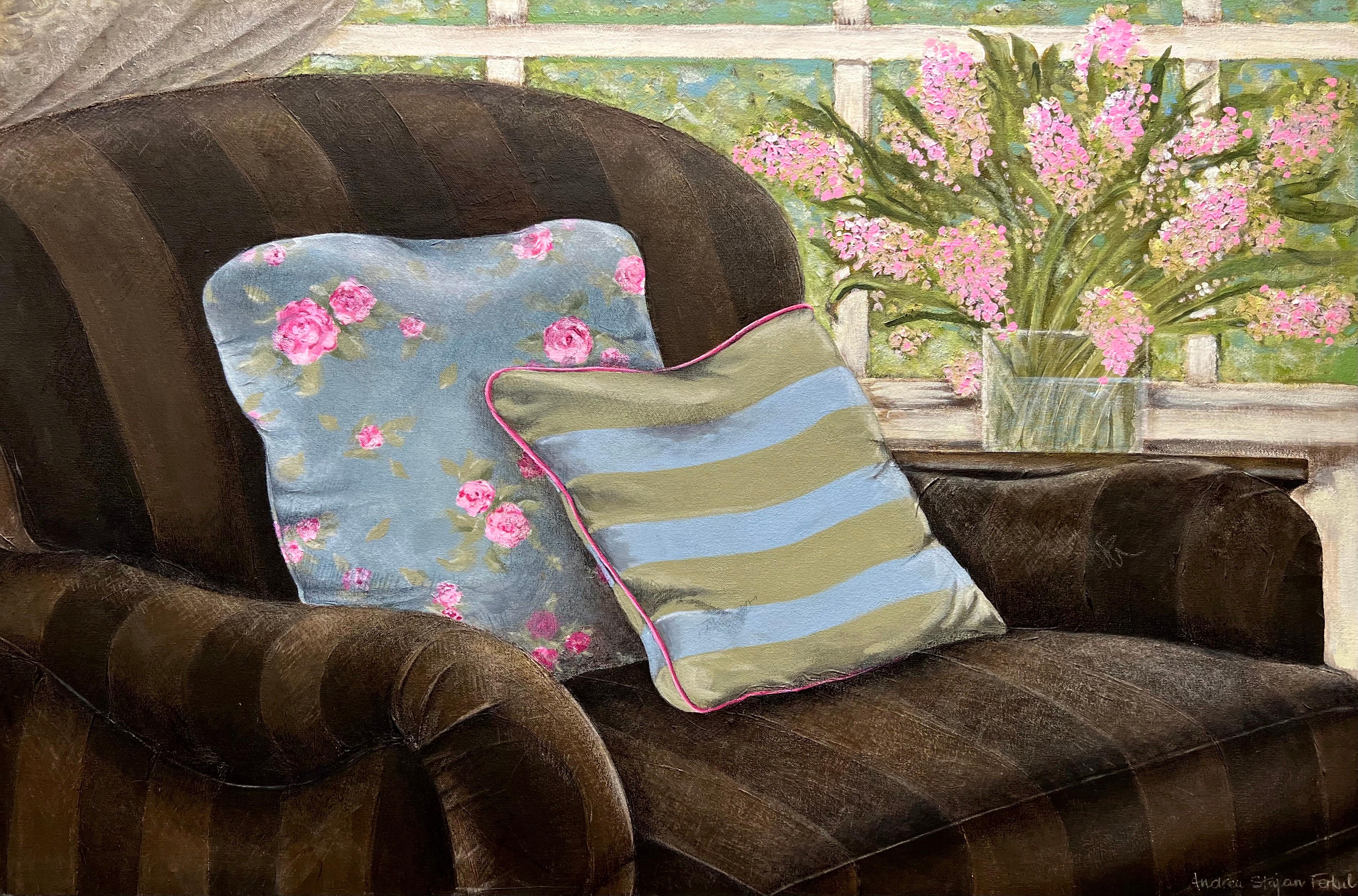 Andrea Stajan-Ferkul Interior Painting - Comfort Zone - 24"x36", Interior Still-Life Painting, Pink, Green Color, Floral
