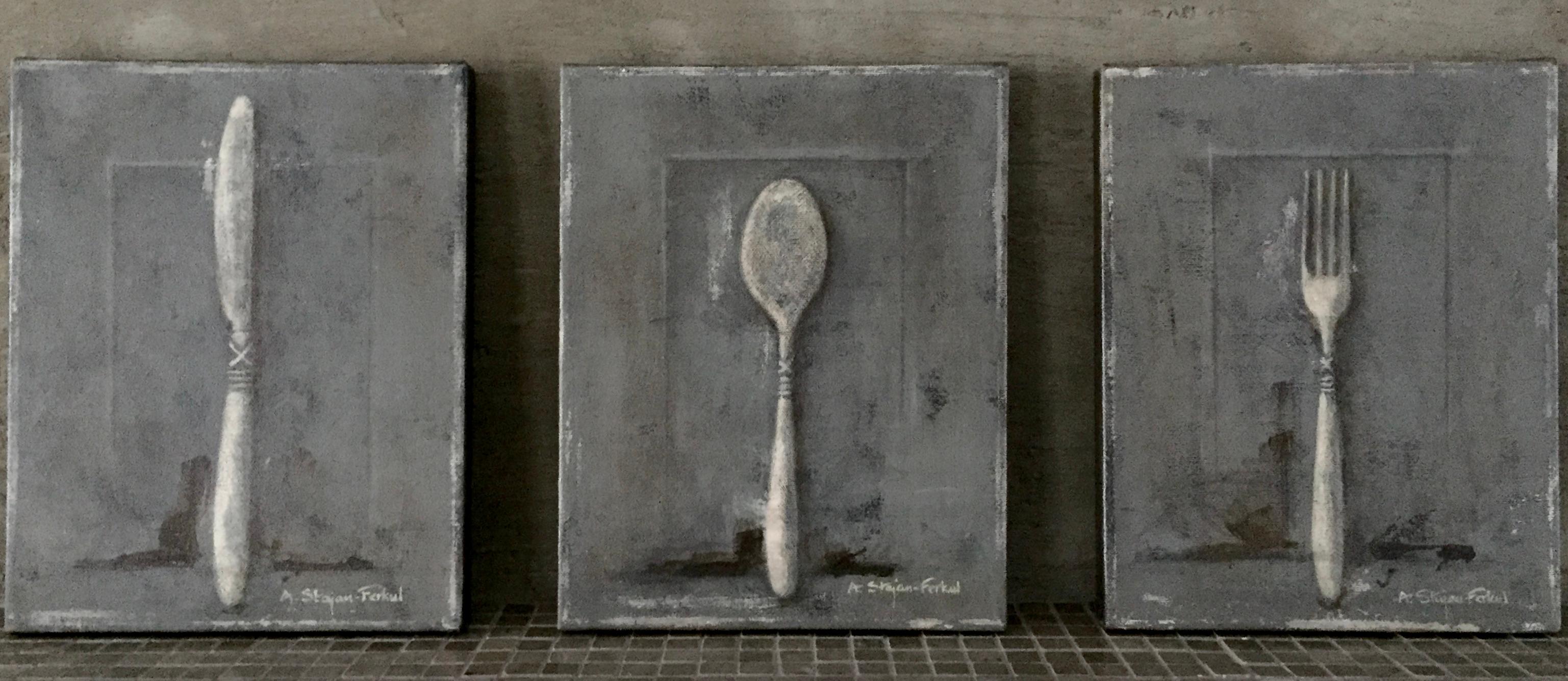 Esszimmereinrichtung – Drei Gemälde, je 8"x10" groß, grau, Stillleben-Serie – Art von Andrea Stajan-Ferkul
