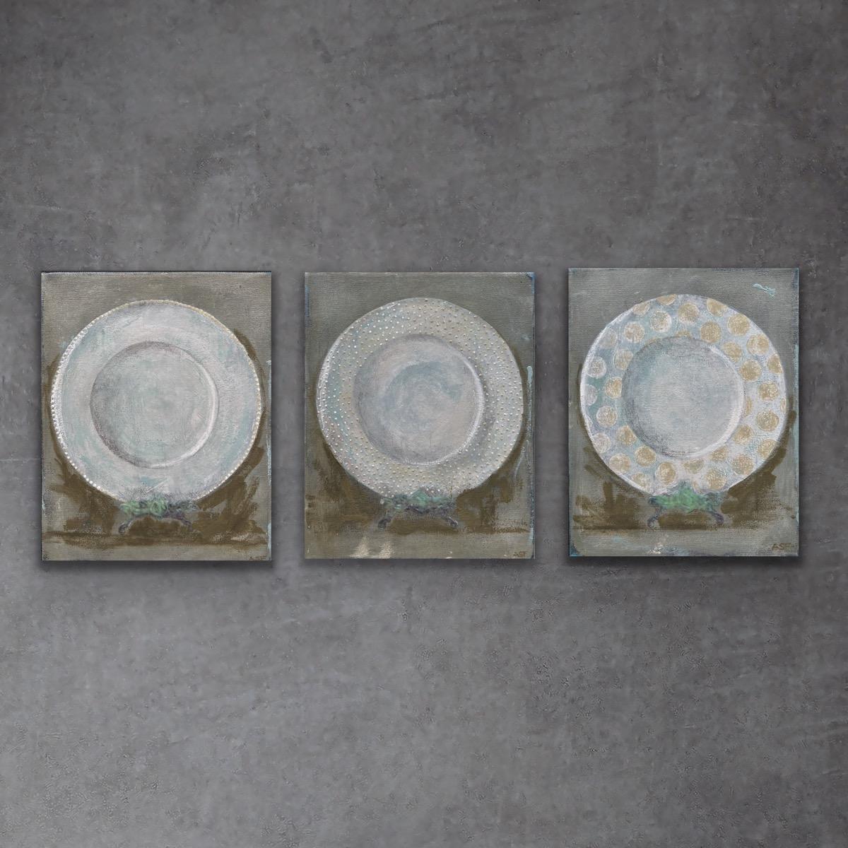 Andrea Stajan-Ferkul Still-Life Painting - Dinner Party - 3 Paintings, Still Life Series, 8"x10" Each, Green/Beige, White 