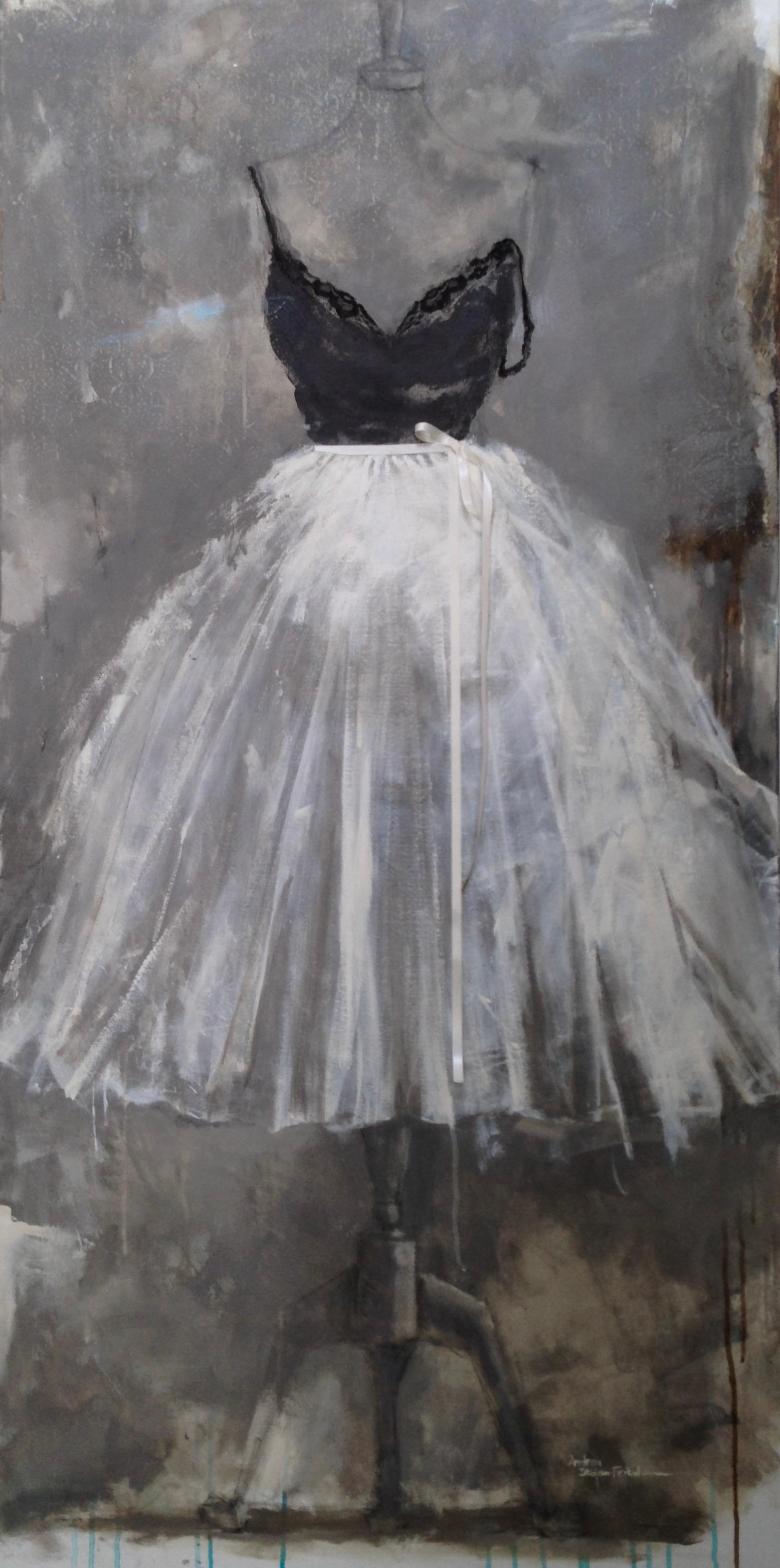 Drinks With Degas - 30"x60", Feminine Dress Painting, Black, White, Grey, Art - Mixed Media Art by Andrea Stajan-Ferkul