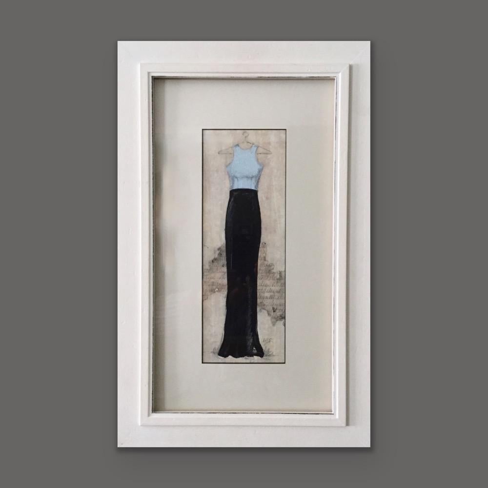 Velada Elegante - 15 "x23", Vestido Pintura, Enmarcado, Blanco hueso, Negro, Azul