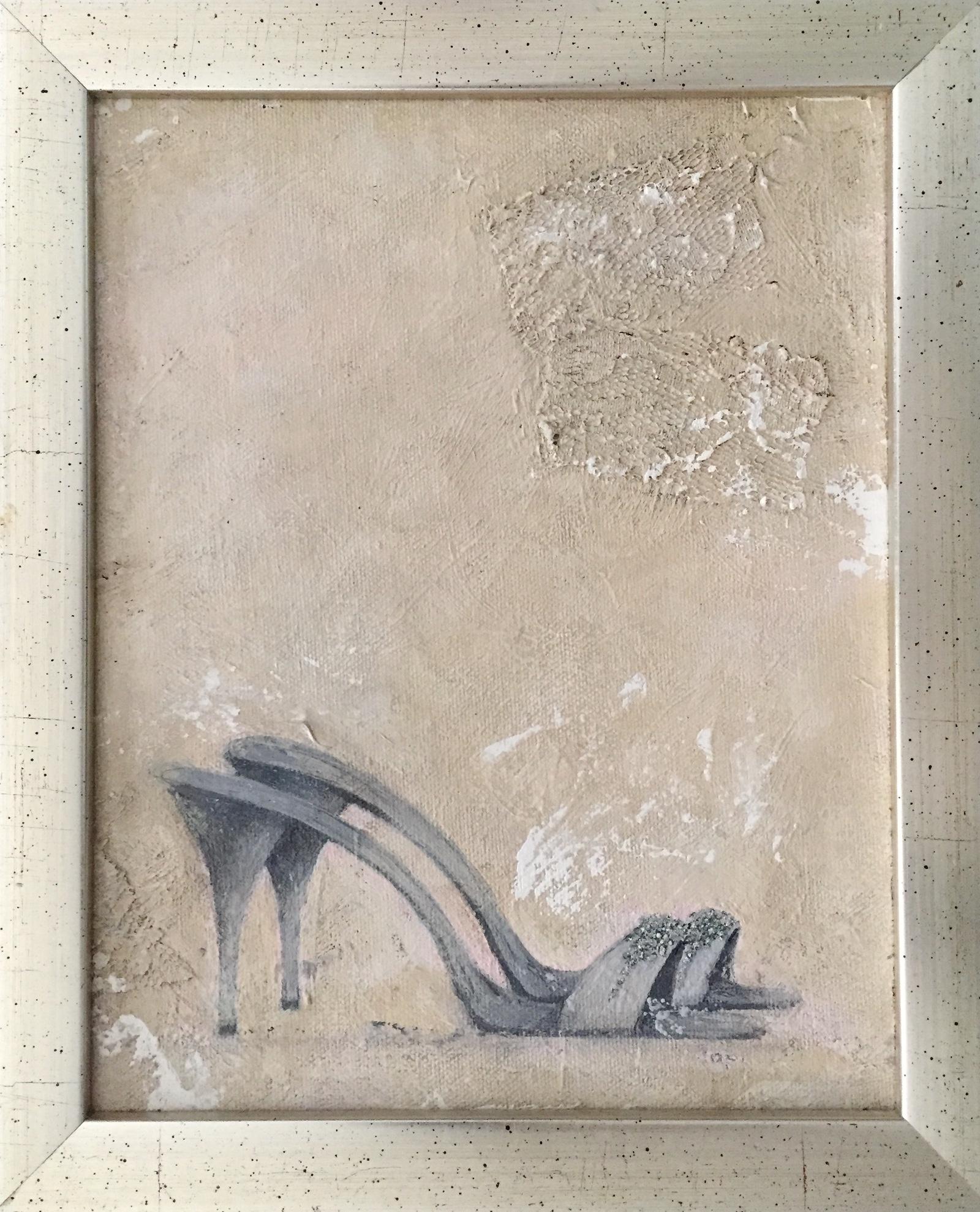 Andrea Stajan-Ferkul Still-Life Painting -  Evening Shoes (11.4" x 9.4" - Framed Painting, Blush, Grey, Neutral)
