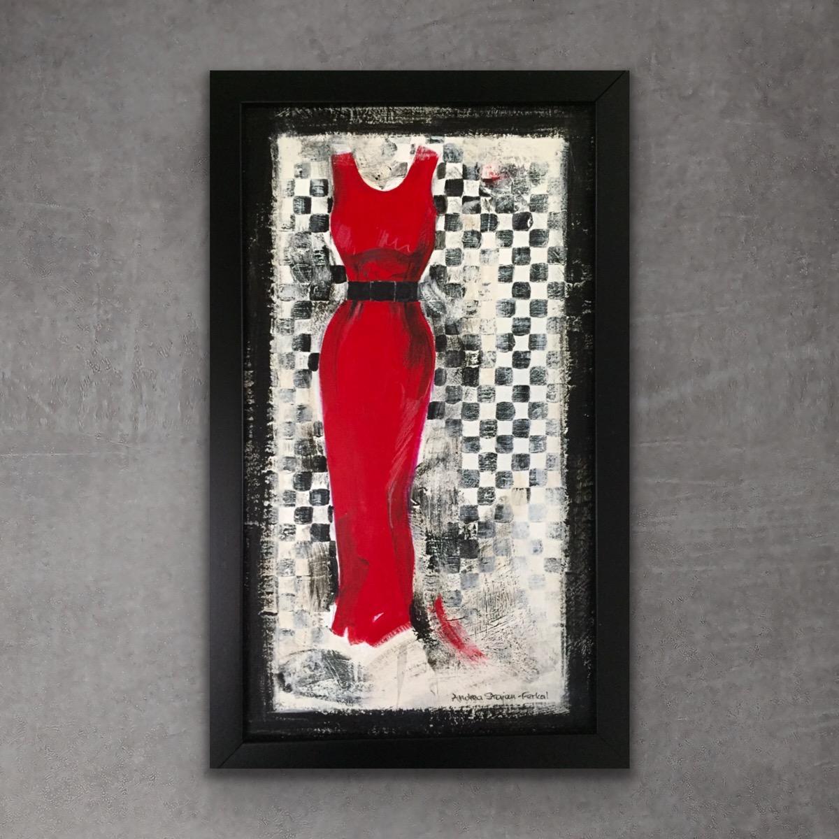 Going Retro - 2 (Rotes, Vintage-inspiriertes Kleid) – Painting von Andrea Stajan-Ferkul