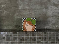 Green Eyed Girl - 4"x4", Small Painting, Doll-Like Portrait, Gift Idea