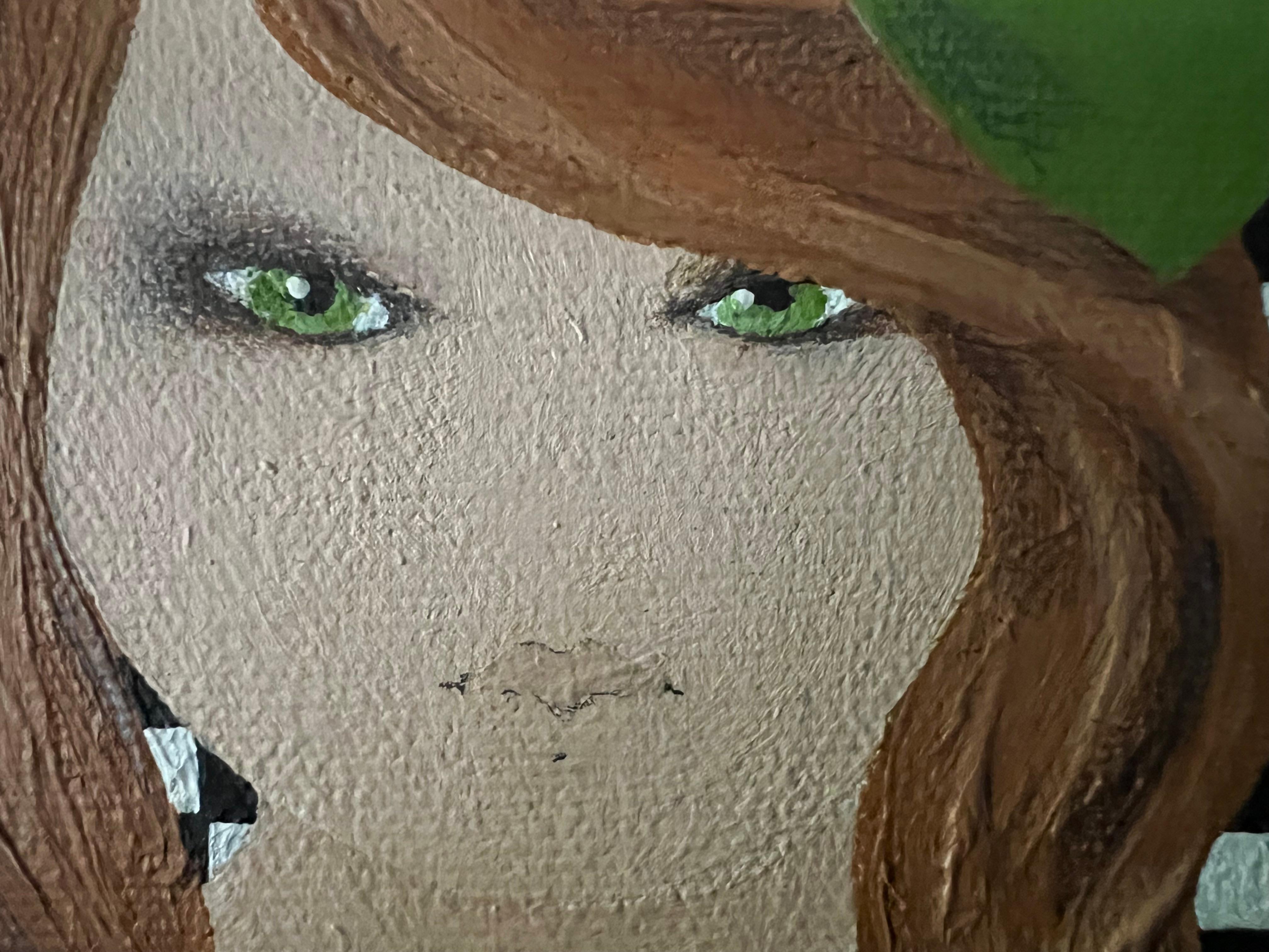 Con atención al detalle, esta delicada pintura sobre lienzo se centra en los ojos verdes, que tienen una forma de atraerte. El retrato mezcla pintura acrílica y lápiz de color, logrando un equilibrio entre la impresión realista y la interpretativa.