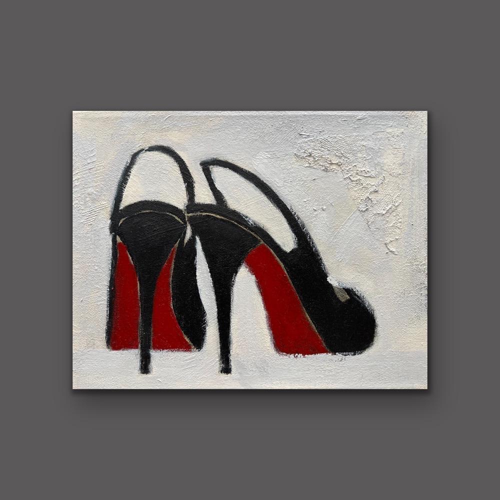 Andrea Stajan-Ferkul Still-Life Painting – Head Over Heels #5 - (8"x10", Schuhgemälde auf Leinwand, Schwarz, Rot, Off White)