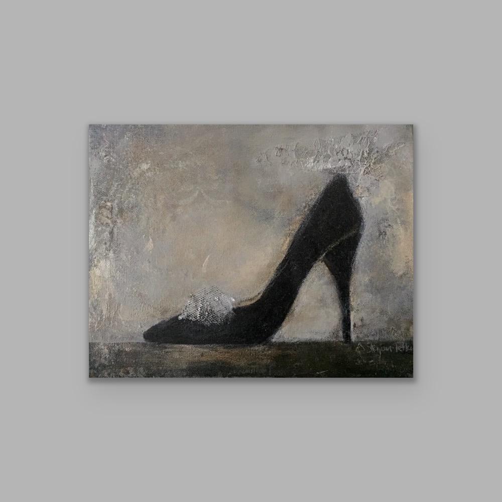Head Over Heels - 8"x10", Shoe Painting On Canvas, Black, Beige