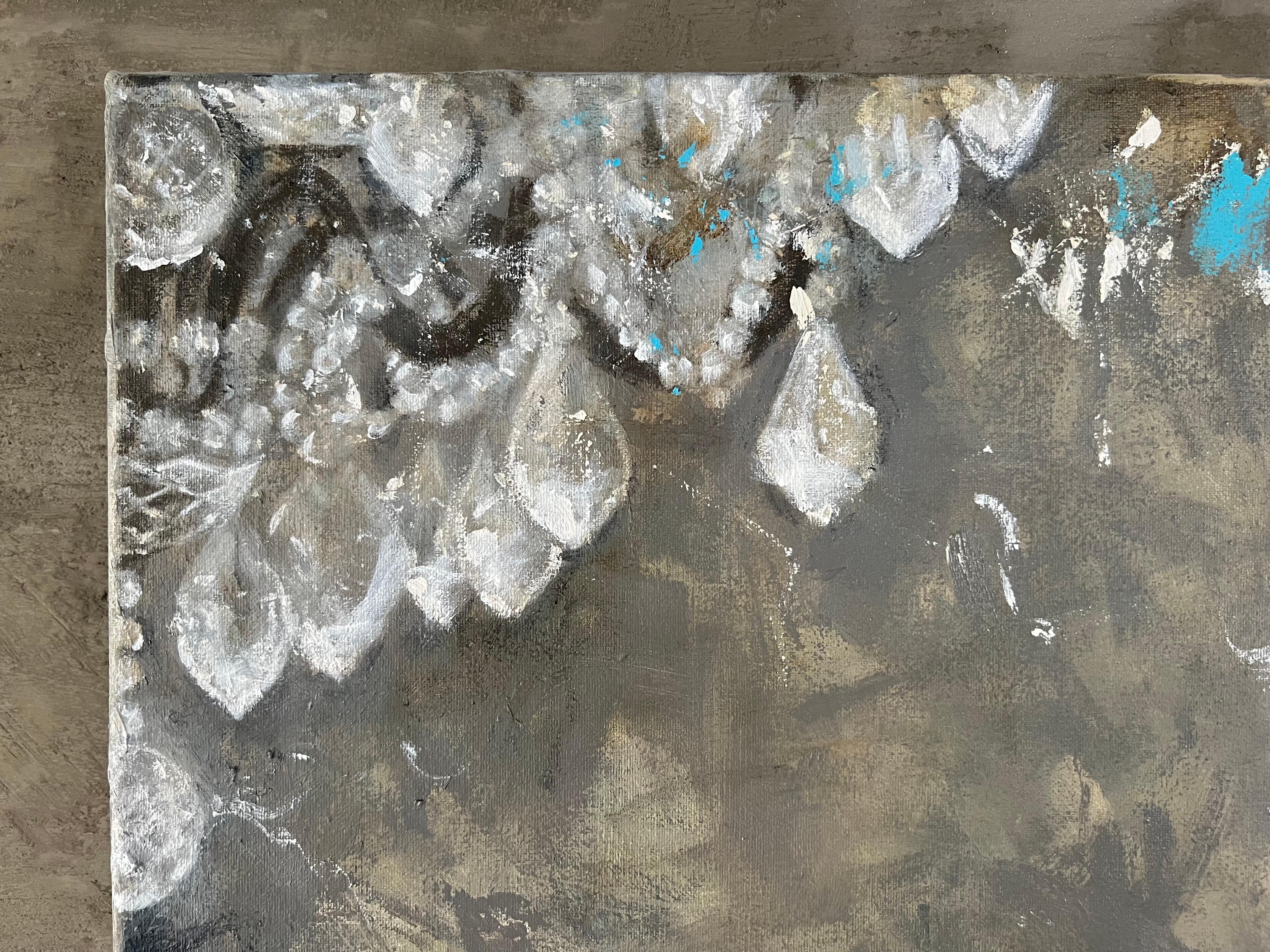 This is an impressionistic style chandelier painting combining delicate detail with intuitive abstract brush work. Tonal layers build up a textured surface evoking visual movement, and form small paintings within the larger canvas. The blend of