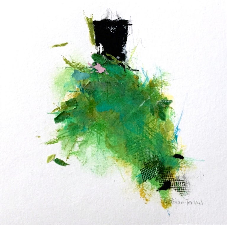 This delicate green and black dress is an artwork on paper blending paint, colour pencil and collage elements creating an impressionistic composition. Intuitive mark-making and loose textured detail make for an outcome both expressive and refined.