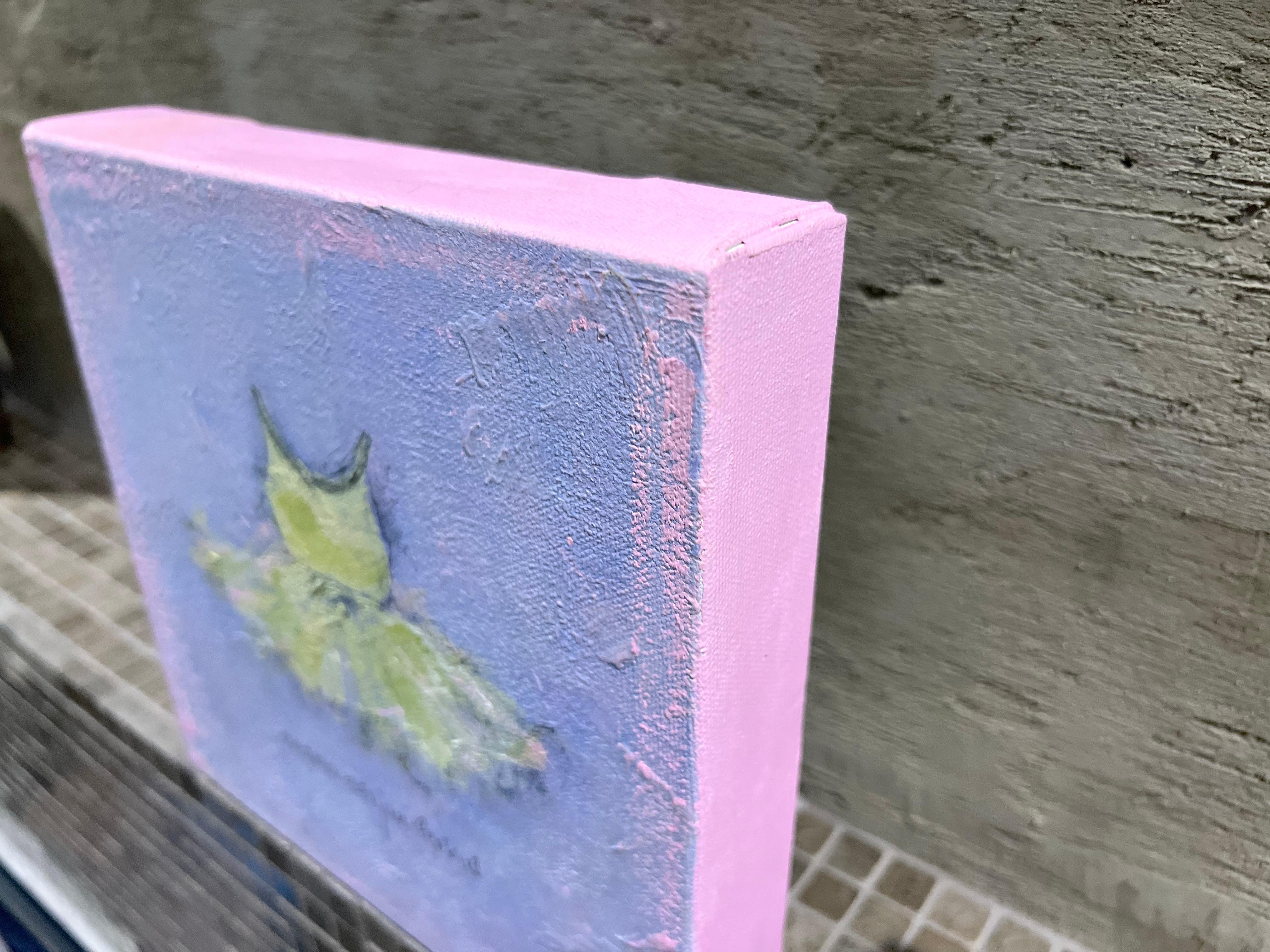 This is an original painting on canvas featuring a girls ballerina tutu in soft shades of green, mauve and touches of pink. The painting comes to life with soft, flowing brushstrokes. Layers of paint create texture and movement, while a hint of
