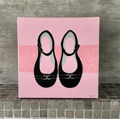 Little Girl Dress Shoes #1, 6"x6", Original Painting, Childrens Art, Pink, Black
