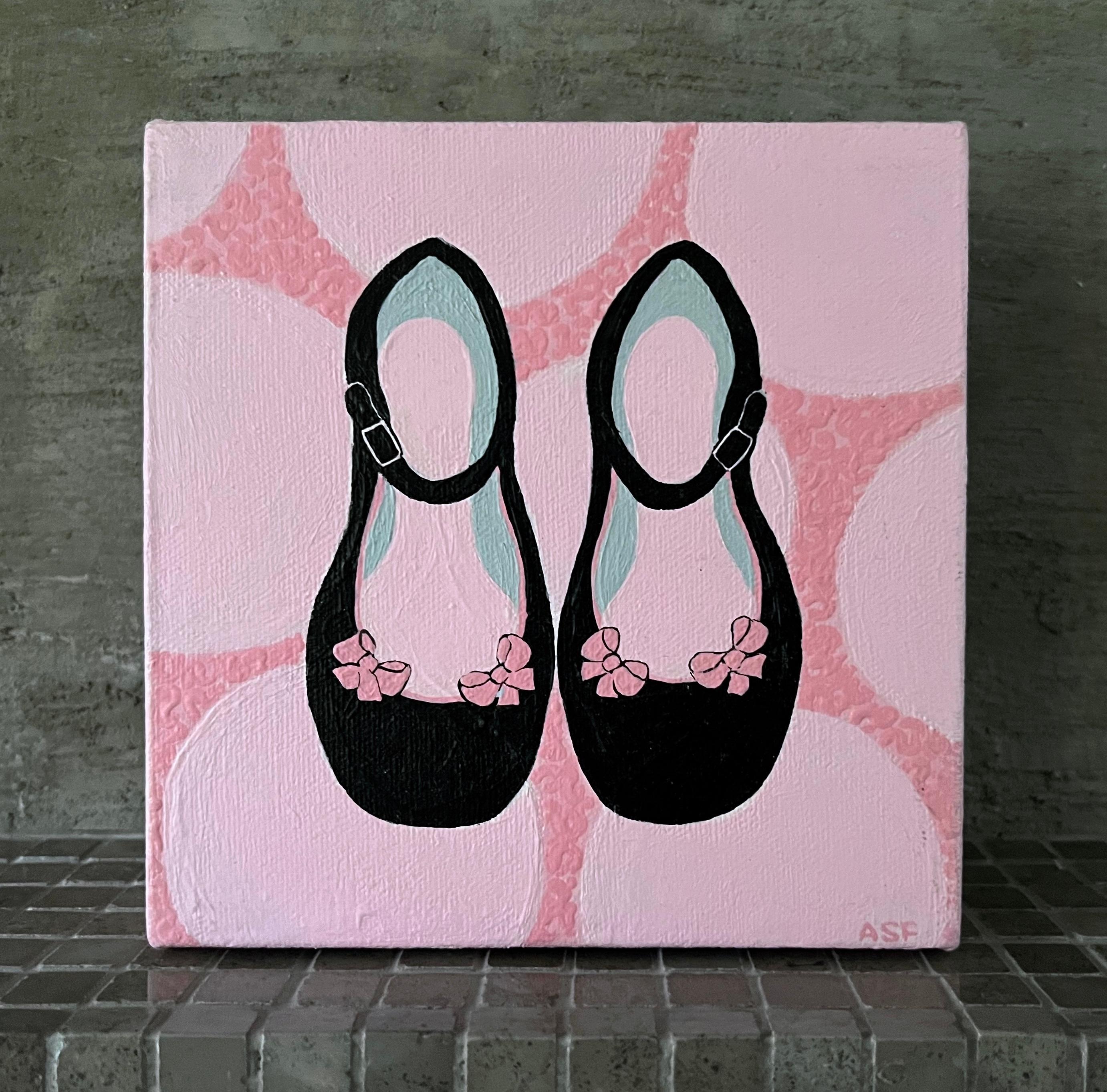 Chaussures habillées de petite fille #2, 6 "x6", peinture originale, art pour enfants, rose, noir - Art de Andrea Stajan-Ferkul