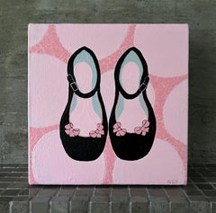 Little Girl Dress Shoes #2, 6"x6", Original Painting, Childrens Art, Pink, Black