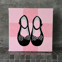 Little Girl Dress Shoes #3, 6"x6", Original Painting, Childrens Art, Pink, Black