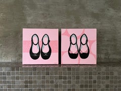 Zapatos de Vestir de Niña, Conjunto de 2 Cuadros Originales, 6 "x6" Cada uno, Rosa y Negro