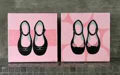 Little Girl Dress Shoes, Set Of 2 Original Paintings, 6"x6" Each, Pink And Black