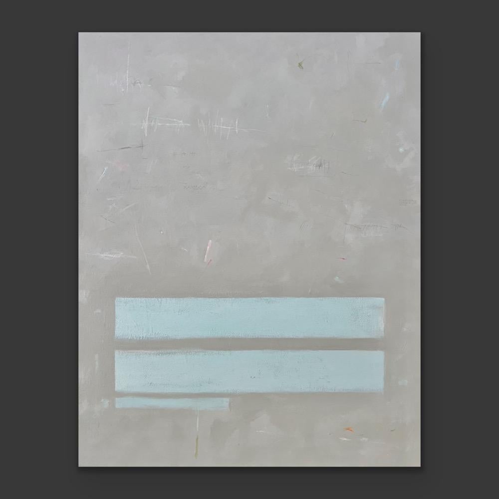 Layers of paint build up this neutral palette where emphasis is placed on minimal composition. From a distance, the painting explores colour fields and geometric abstraction. Closer up, it's about subtle textures, intuitive mark-making, playful