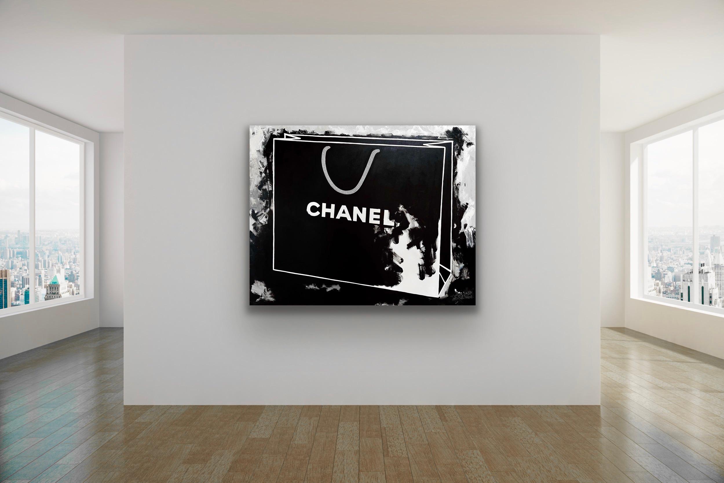 My Chanel Tasche, 48"x60", Schwarz-Weiß, großes Stillleben-Gemälde, halb abstrakt, groß – Art von Andrea Stajan-Ferkul