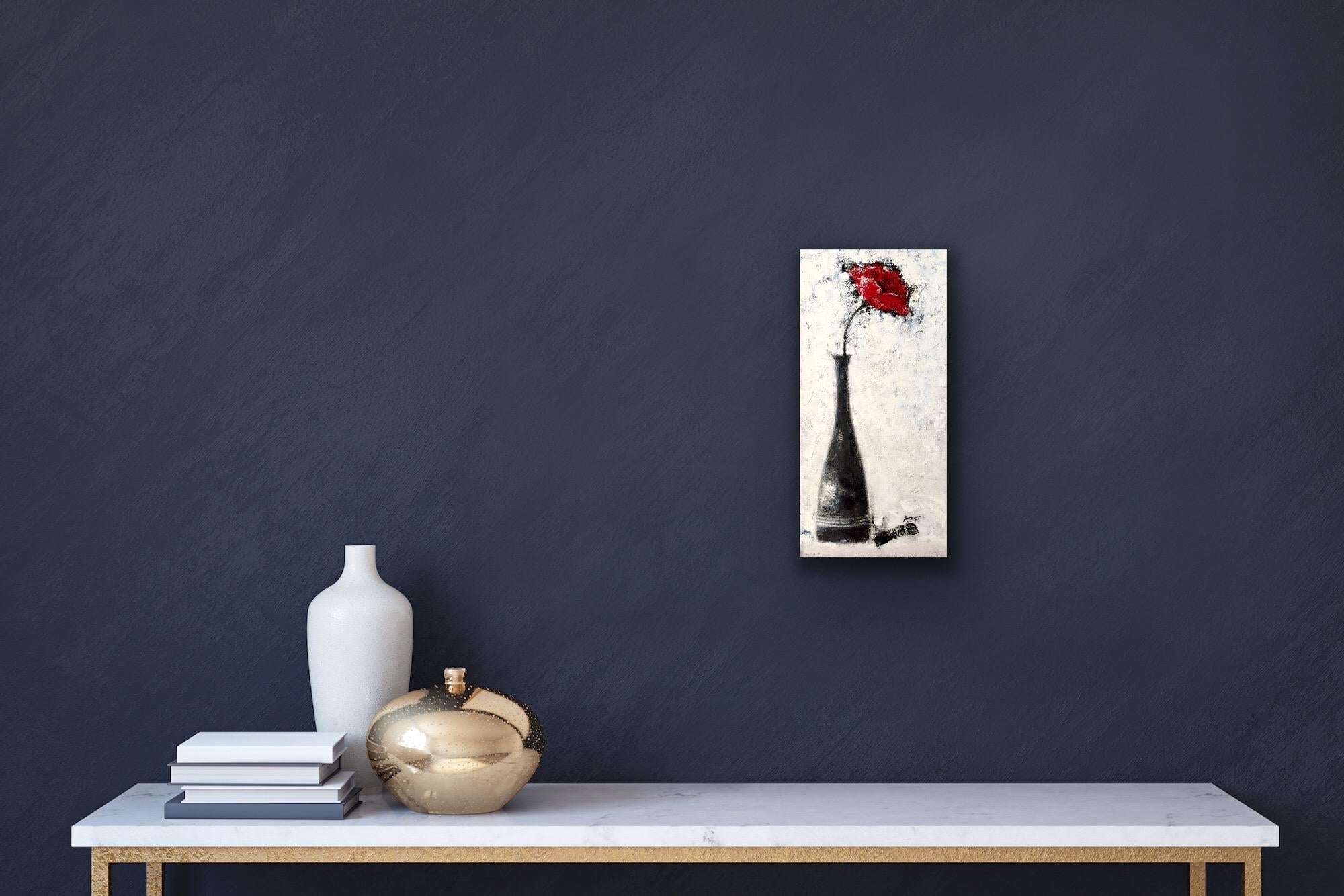 Stajan-Ferkul's minimal approach is carried through into her floral paintings where emphasis is put on simplifying the composition. Textures play a large role in this high contrast work, with an engaging contradiction between the impasto-like paint