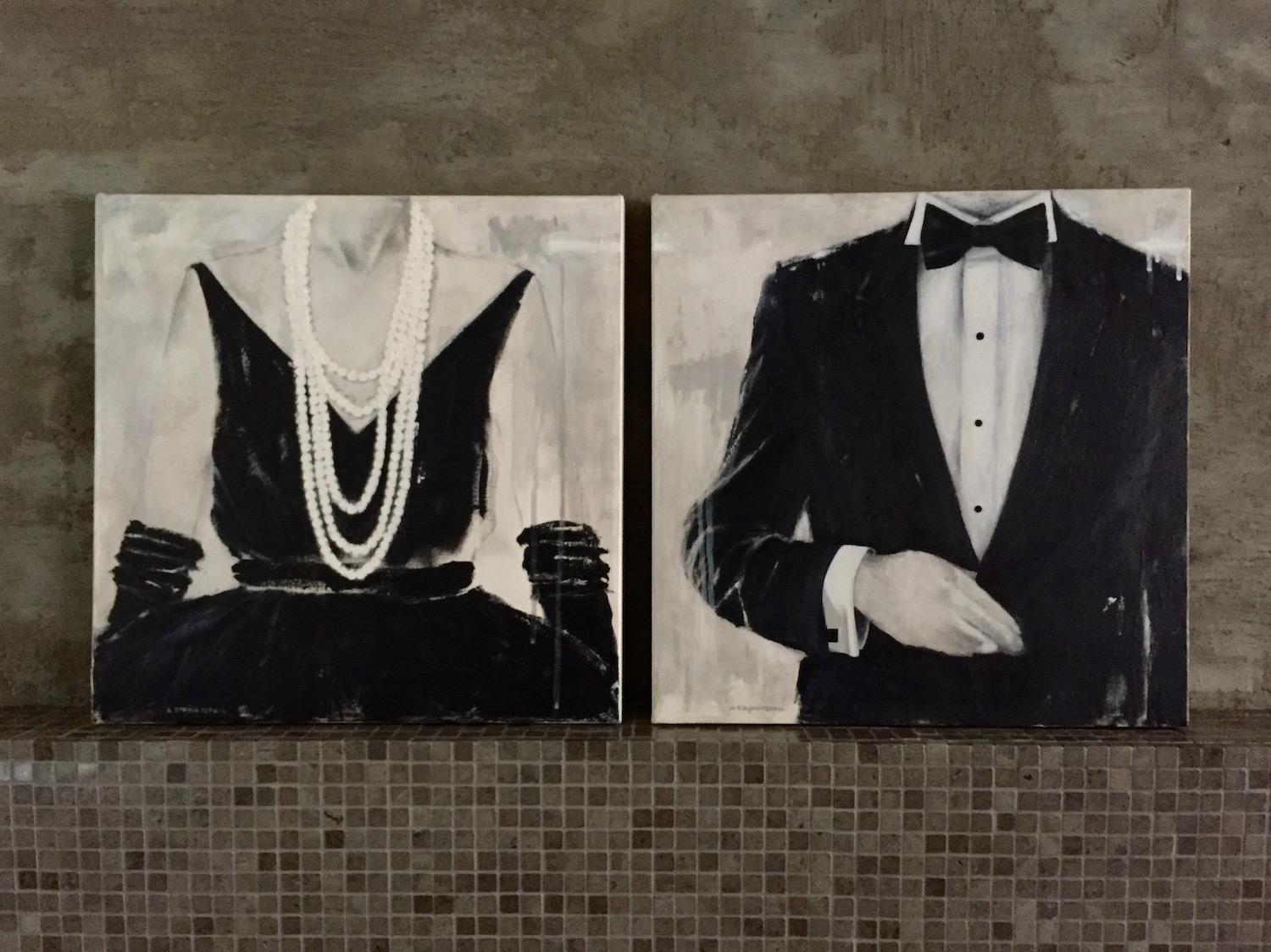 Opening Night - 2 Paintings, 16"x16" Each, Dress, Pearls, Tuxedo, Black & White