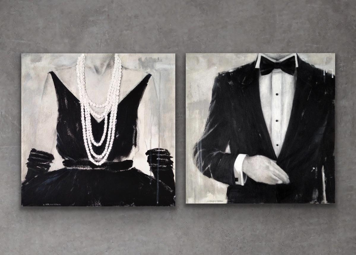 Andrea Stajan-Ferkul Figurative Painting - Opening Night - (16"x16" - Two Paintings, Dress, Pearls, Tux, Black And White)