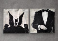 Opening Night - (16"x16" - Two Paintings, Dress, Pearls, Tux, Black And White)