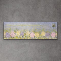 PASTEL SKY - 30 "x10", Paisaje de jardín, Tulipanes texturizados, Flores, Rosa, Azul