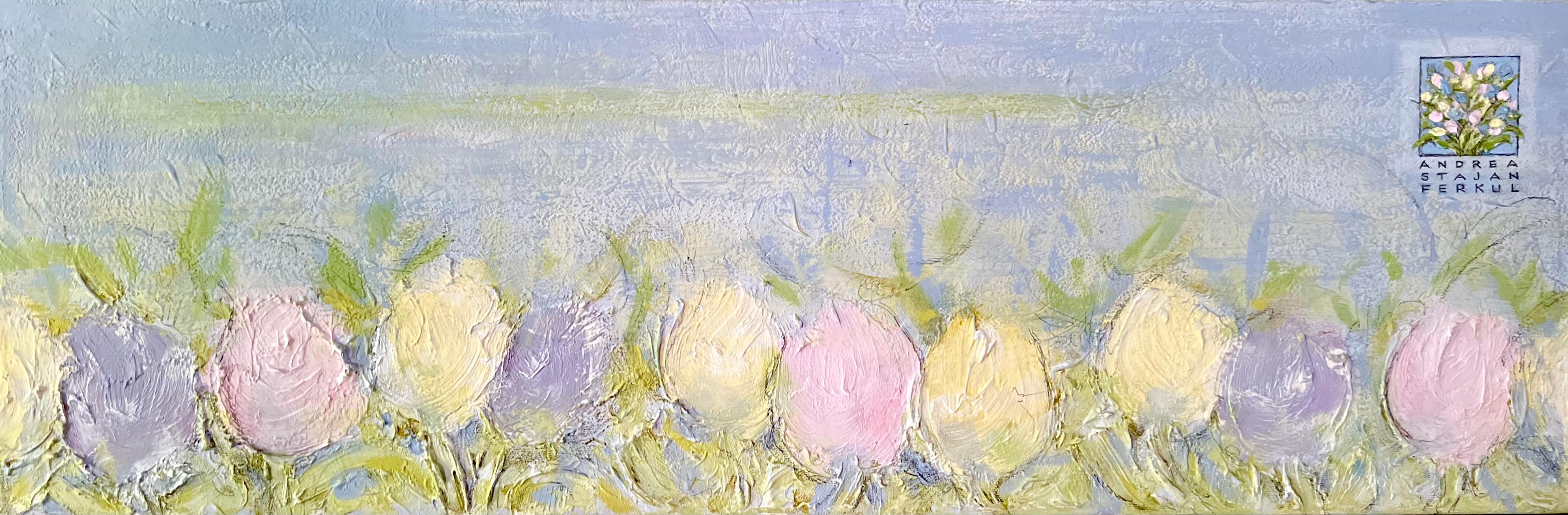 PASTEL SKY - 30 "x10", Paisaje de jardín, Tulipanes texturizados, Flores, Rosa, Azul - Art de Andrea Stajan-Ferkul