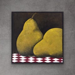 Pear Shape - 30"x30", Original Painting, Still Life, Fruit, Yellow, Black, Red