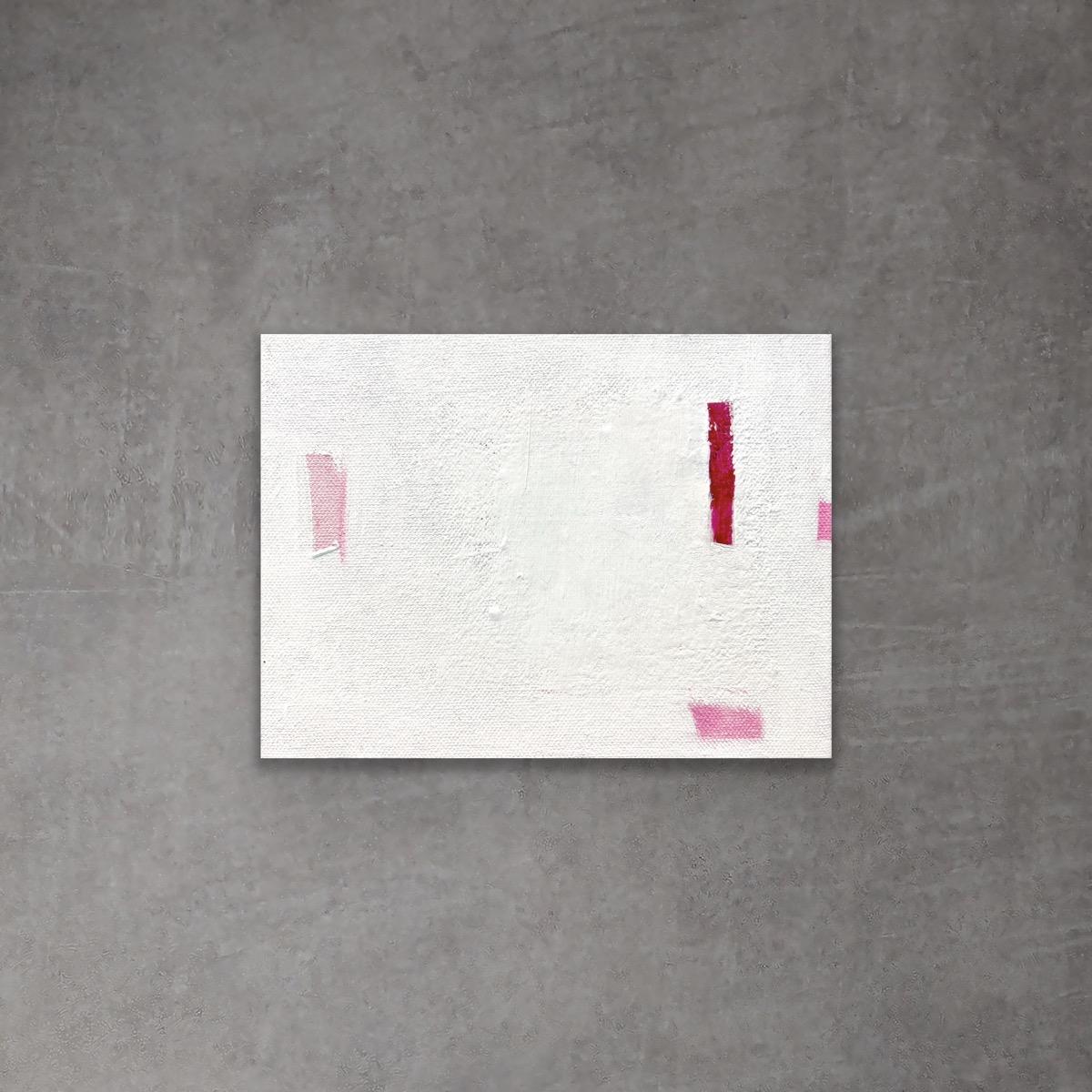 So little with so much to say. This pink and white abstract puts emphasis on simplified composition with the use of paint and oil pastel. Layers of paint build up a rough textured surface. Both intimate and impactful when hung it in the perfect