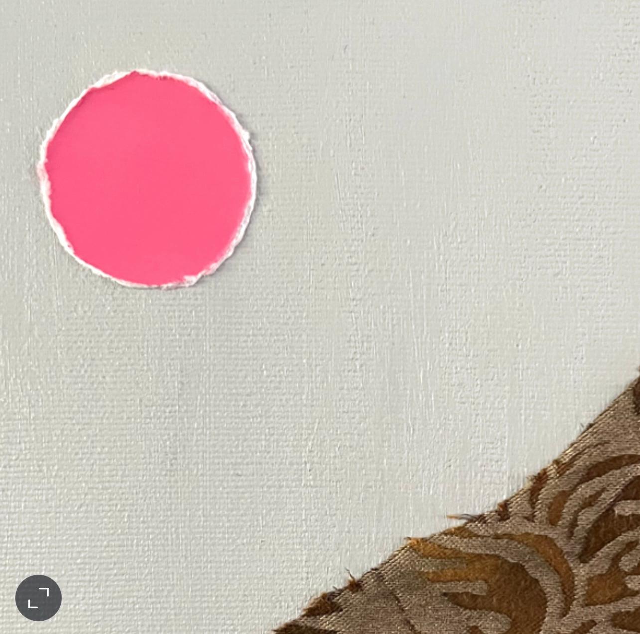 This is the second in a series of intimate paintings exploring colour combinations using fragments of Fortuny textiles. Through the use of paint, paper and fabric, the simplified compositions echo minimal landscapes with the sun claiming the