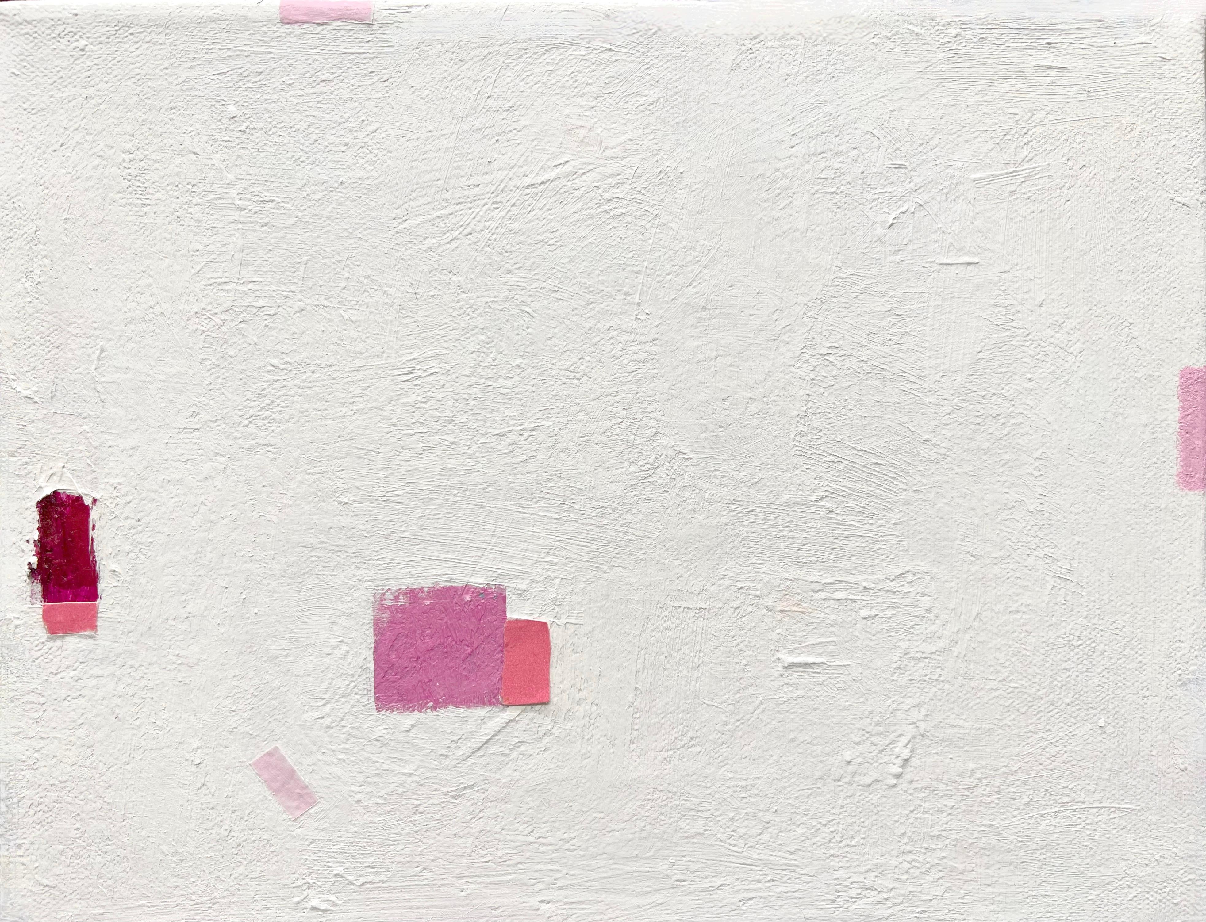 So little with so much to say. This pink and white abstract puts emphasis on simplified composition with the use of paint and paper collage. Heavy layers of paint build up a rough textured surface adding character to the minimalistic artwork. Small