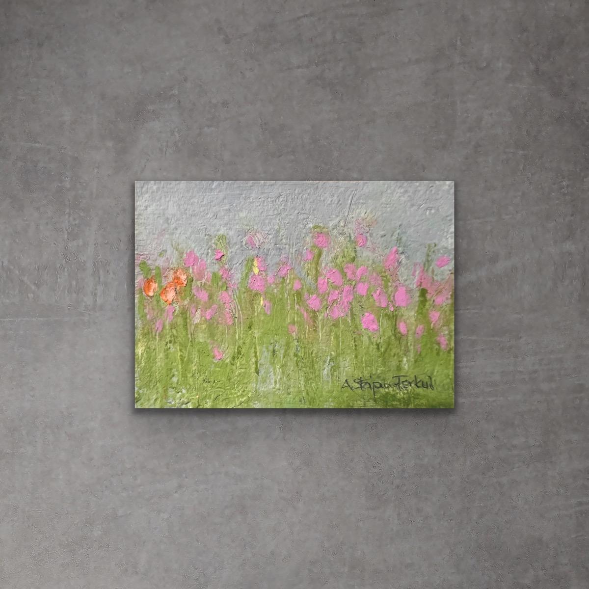 PINK TULIPS - Small and intimate, this original artwork on watercolour paper captures a landscape of pink tulips. Layering of acrylic and oil pastel with intuitive markings create a moment of nature's beauty. Frame this delicate artwork in any 3