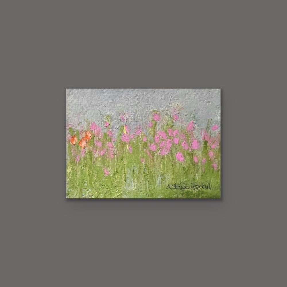 Pink Tulips - 3"x5" - Small Artwork On Paper, Floral Landscape, Pastel Flowers