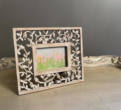 Pink Tulips, 3"x5" Small Artwork On Paper, Ornate Frame, Pastel Flower Landscape