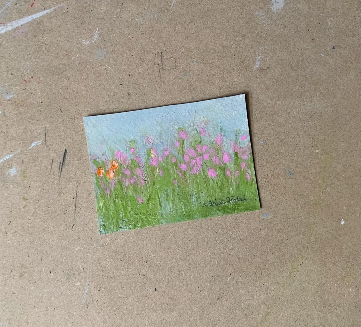 Pink Tulips - Small and intimate, this original artwork on watercolour paper captures a glimpse of pink tulips dancing in an open field. Layering of acrylic and oil pastel with intuitive markings create a moment of nature's beauty. This artwork