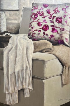 Quiet Time - 24"x36", Interior Still-Life Painting, Pink, Beige, Pillow, Chair