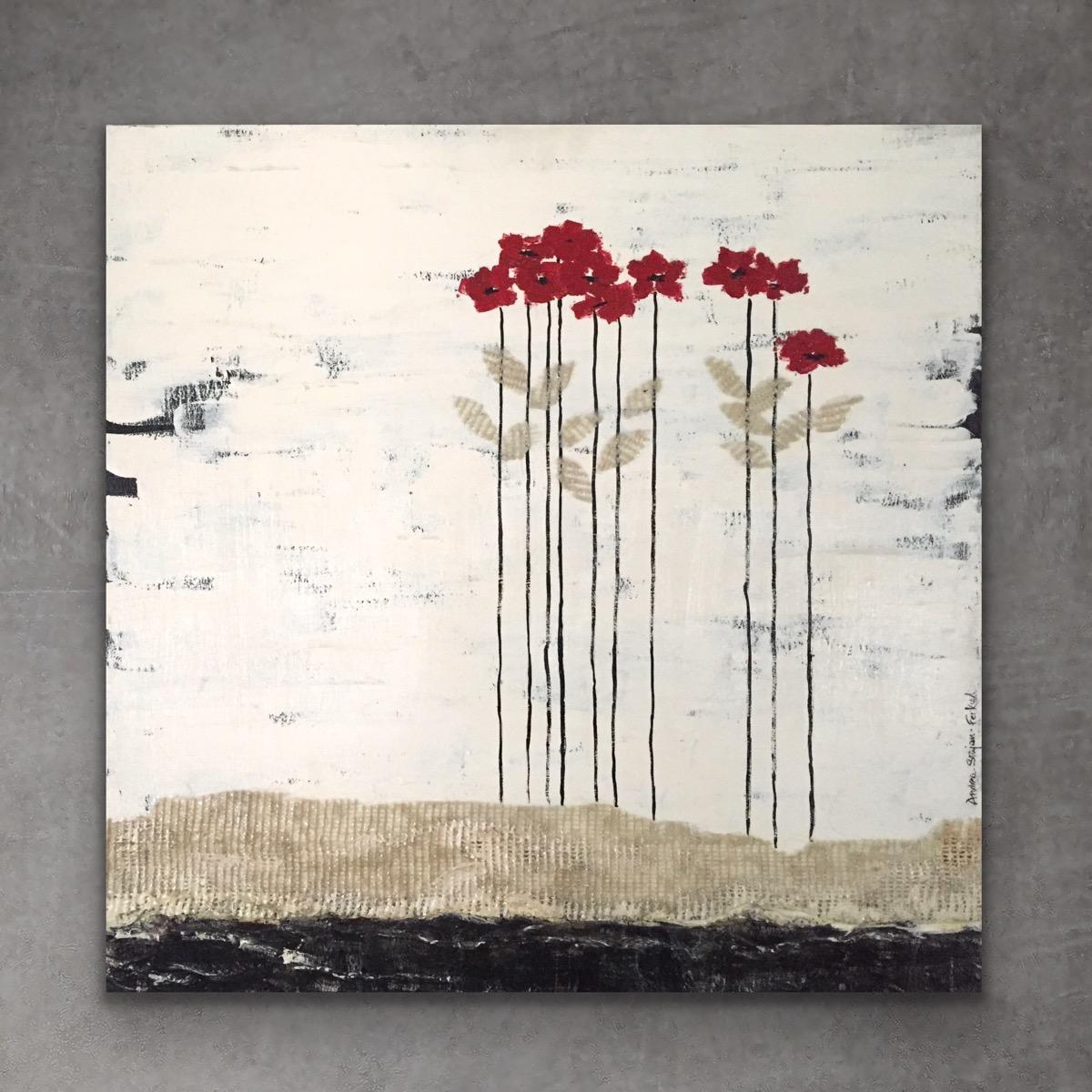 Têtes rouges 1 (24 po. x 24 po.), motif floral rouge, blanc et noir, paysage, peinture