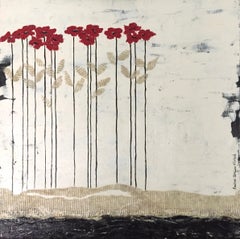 Red Heads ll - 24"x24", Red, Black And White Floral Landscape, Poppies, Flowers 