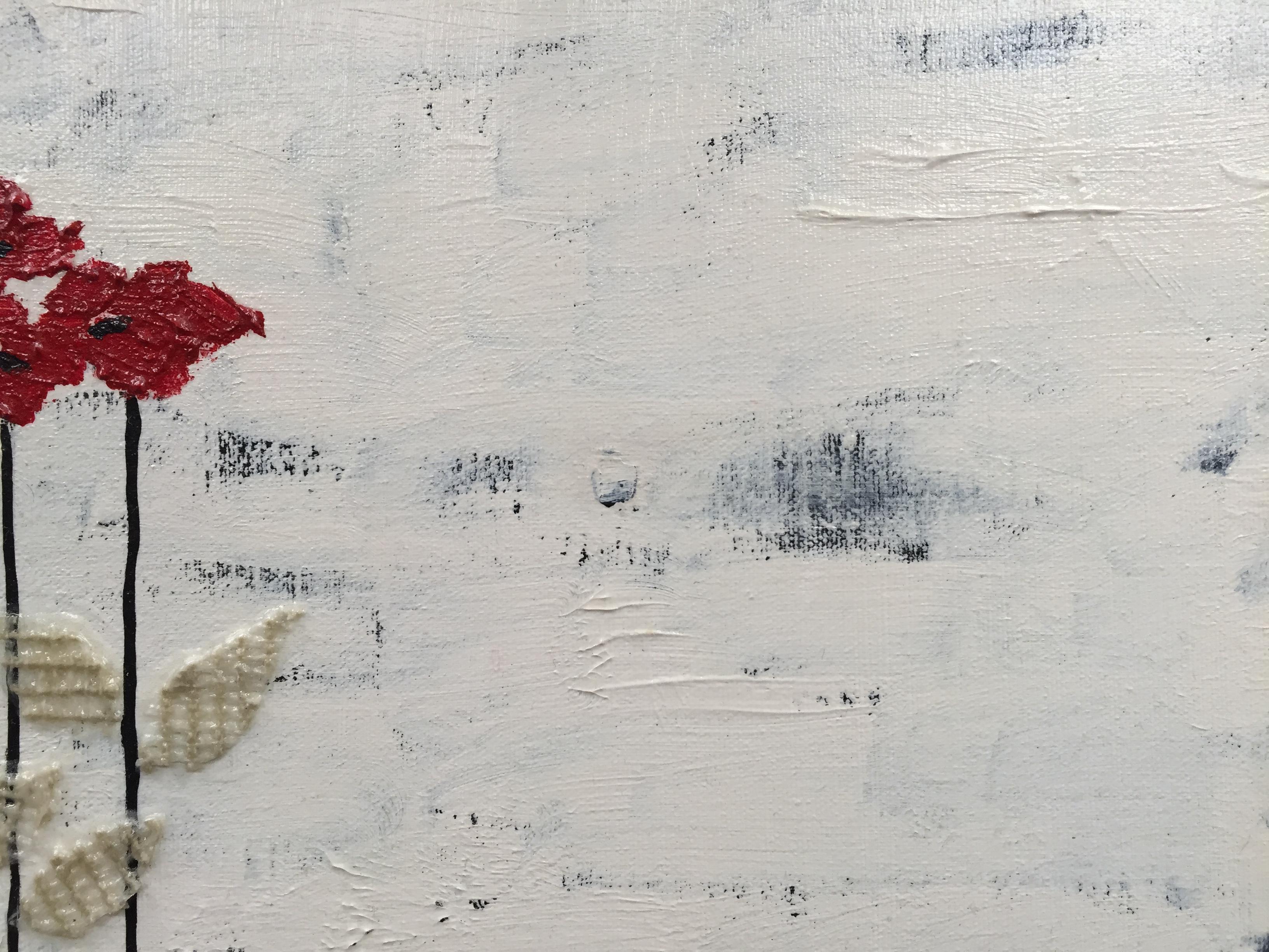 Layers of paint build up this floral landscape painting where emphasis is put on simplified composition. Heavy textures, textile collage and lush brush strokes create visual drama in a playful yet refined approach. While this painting was created to