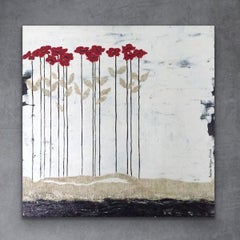 Red Heads #2 - 24"x24", White, Black, Red, Floral Landscape, Christmas Gift